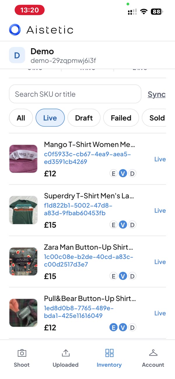 Inventory showing items live on eBay, Vinted and Depop
