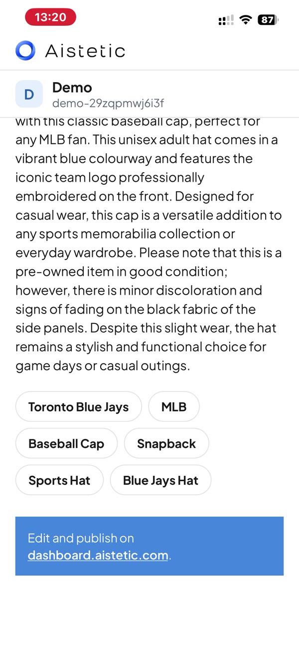 AI-written listing description and tags for a baseball cap