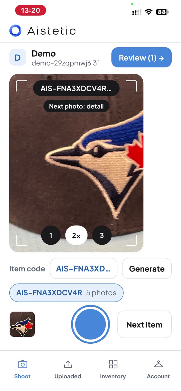 App screen reviewing five photos of a cap
